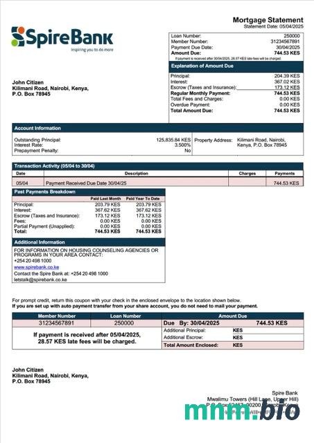 Kenia Bank Spire wyciąg z kredytu hipotecznego szablon Word i PDF